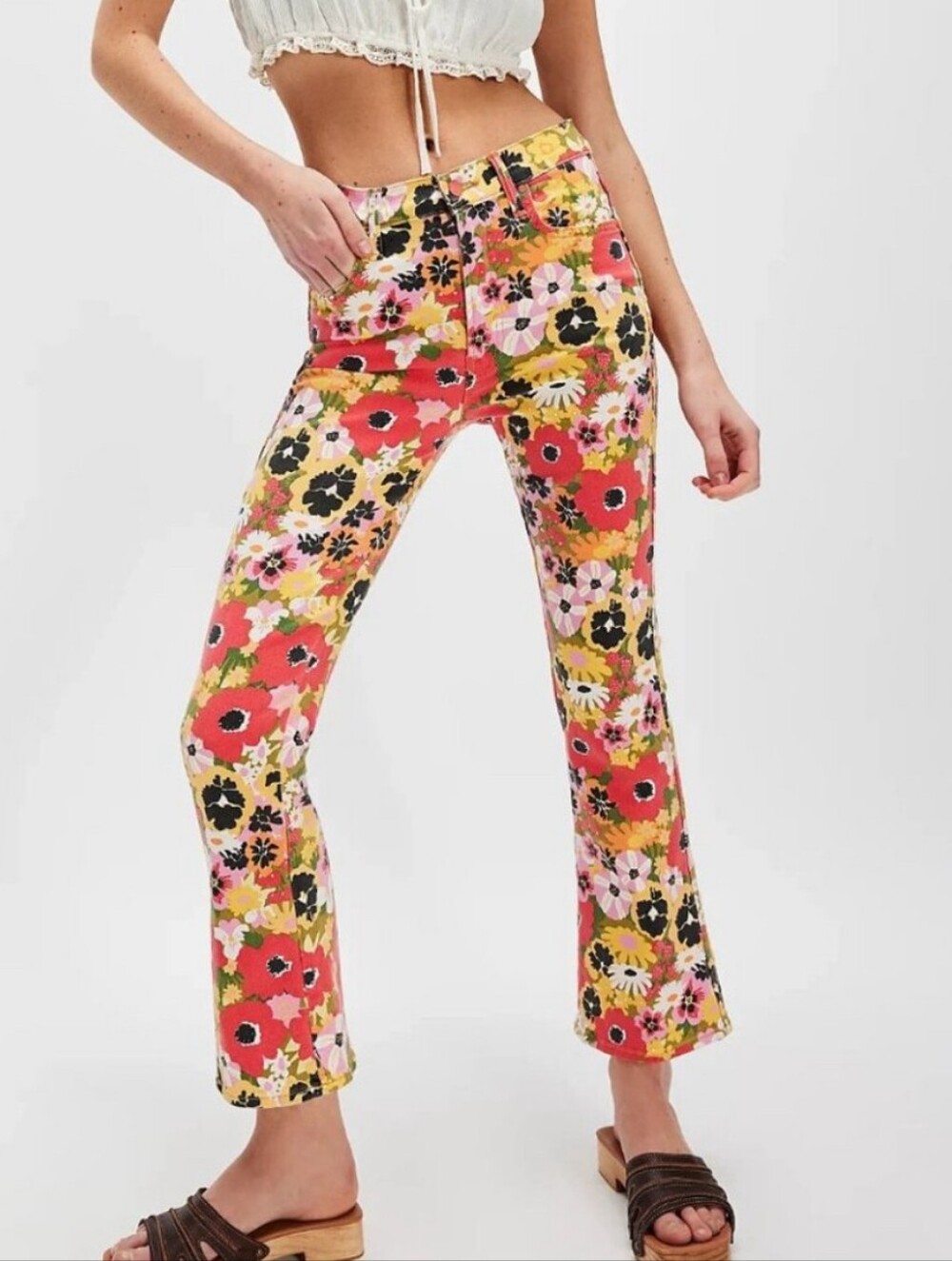 MOTHER MID RISE SMOKIN' DOUBLE FLOOD JEANS FLOWERS AL FRESCO 24 X Anthropologie
